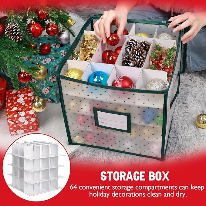 BINSUNS Christmas Ornament Storage Box, Christmas Storage Containers Organizer Bag with Dividers - Fits up to 64 Holiday Xmas Ornaments Decorations 3" Seasons Balls(Green)