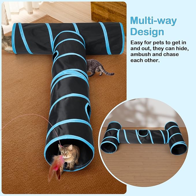 Cat Tunnel 3 Straight Shaped Pet Tunnels, Tube Cat Toys 6 DIY Shapes with Wand Toys, Scratch Resistant Collapsible Cats Tubes for Indoor Puppy, Kitten, Rabbit Black 82in