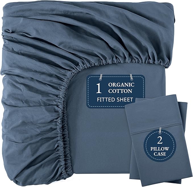LANE LINEN Full Size Fitted Sheet, 100% Organic Cotton, 3Pc Set (1 Fitted Sheet,2 Pillowcases), Percale Weave, Bottom Sheet, Breathable, Fits Mattress Upto 15" Deep - Navy(No Flat Sheet)
