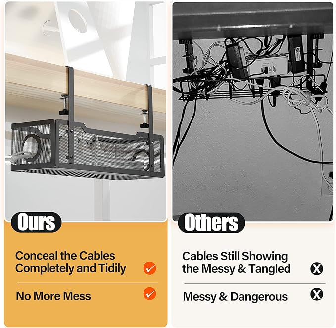 Under Desk Cable Management Tray Black, Cinati Wire Organizers No Drill, Cable Tray with Clamp for Wire Management, Cord Organization Box for Office, Home - No Damage to Desk