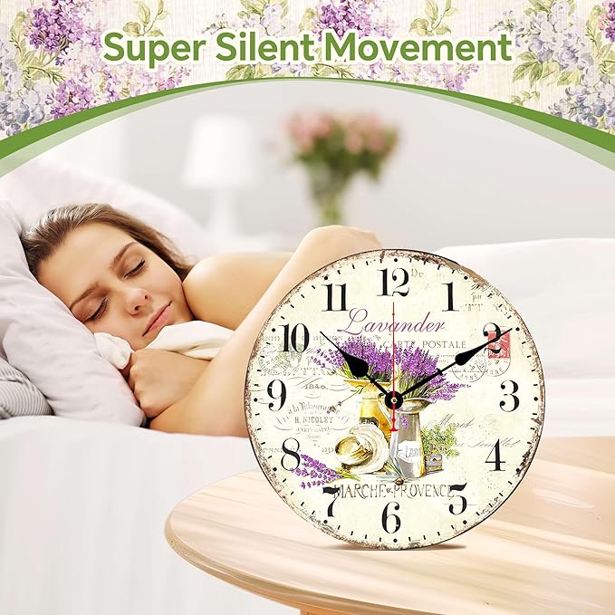TAHEAT Lavender Wall Clock, Small Vintage Floral Provence Kitchen Clocks, Retro Rustic Battery Operated Wall Clocks for Living Room Bedroom Bathroom Office, 8 Inch