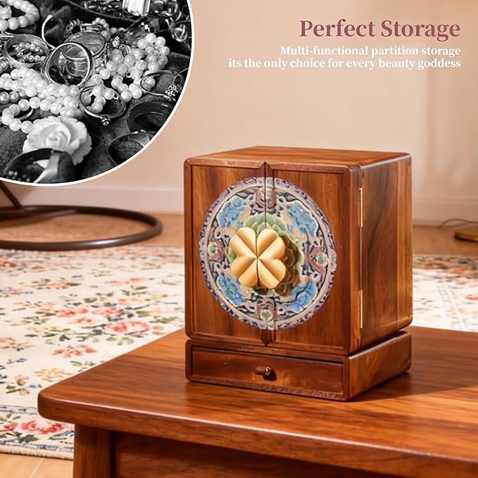 Wooden Jewelry Box for Women Jewelry Box With Drawers Walnut Wood (Walnut Wood with printing B)
