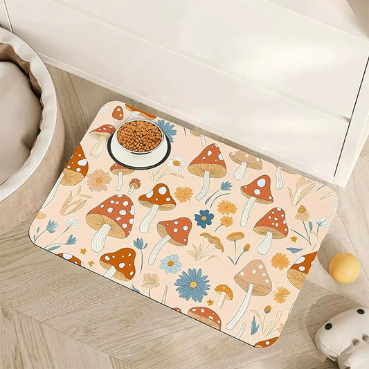 Cute Mushroom Flower Dog Cat Food Mat,Absorbent Pet Feeding Mat with Rubber Backing,Non-Slip Water Bowl Placemat,Indoor Pet Accessories Supplies 12"x20"