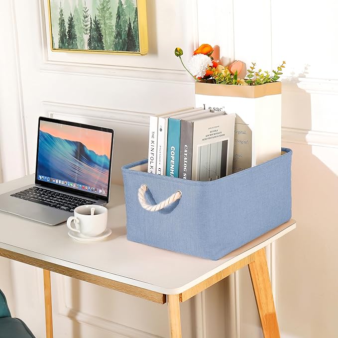 Storage Bins with Sturdy Cotton Handles(3 Pack), Fabric Storage Baskets for Organizing use for Office & Home, Book, Clothes, Toys, Closet Boxes (Small, Blue, 12.2x8.3x6.3 inches)