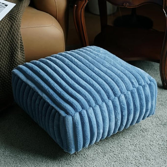 Unstuffed Pouf Ottoman Cover Soft Storage Extra Seat Farmhouse Comfortable Bohemian Poufs Accent Footrest 20x20x8 Inches for Living Room Bedroom Study Nook (Blue, Square)