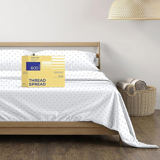 THREAD SPREAD 100% Egyptian Cotton Printed Bed Sheets - 600 Thread Count 4 PC King Sheet Set, Hotel Luxury Sateen Bedsheets, 16" Deep Pocket Soft Cooling Sheets for King Size Bed - Polka Dot - Navy