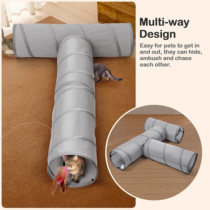 Cat Tunnel 3 Straight Shaped Pet Tunnels, Tube Cat Toys 6 DIY Shapes with Wand Toys, Scratch Resistant Collapsible Cats Tubes for Indoor Puppy, Kitten, Rabbit Silver 82in