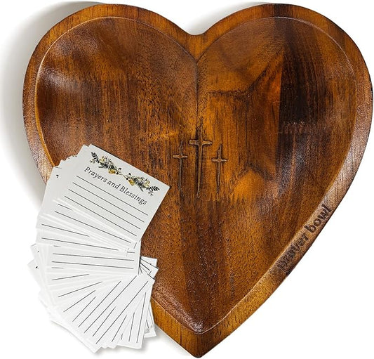 Wooden Prayer Bowl with 24 Cards - Heart Shaped Prayer Bowl for Hopes & Gratitude - Handcrafted Christian Gifts for Women, Mothers, Friends - Faith-Based Home Decor for Prayer Corner (vintage color)