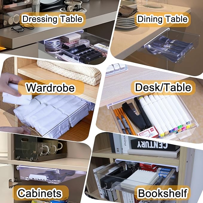 Under Desk Drawer Organizer, Attachable Slide Out Storage Drawers, Hidden Desktop Organizers, Self-Adhesive Table Storage Accessories for Home Office and School (Transparent)