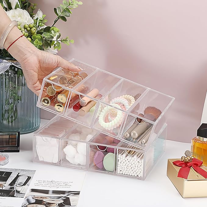 Hipiwe Acrylic Sunglasses Organizer, 2 Pack Glasses Case Multiple Pairs Eyeglass Storage Organizer Sunglass Display Case with 4 Drawer Acrylic Storage Drawers for Jewelry Watch