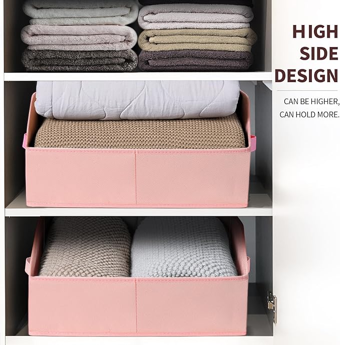 Closet Baskets for Shelves Trapezoid - Decorative Storage Baskets with Handle, Closet Bins for Organization, Shelf Storage Bins for Clothes, Books, Home, Office, 4 Pack, Pink