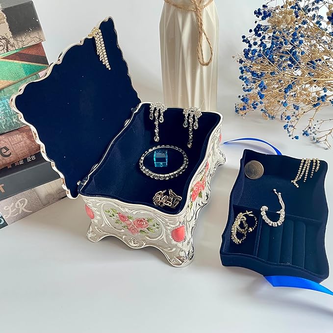 Truewon Jewelry Chest Rose Pastoral Style Metal Box Trinket Vintage Trinket Gemstone Storage Tray Treasure Souvenir Gift Case for Girls Women (White Pink Golden, Large)