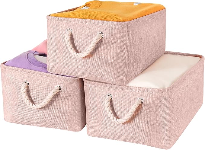 Storage Bins with Sturdy Cotton Handles(3 Pack), Fabric Storage Baskets for Organizing use for Office & Home, Book, Clothes, Toys, Closet Boxes (Medium, Pink, 14.2x10.2x7.1 inches)
