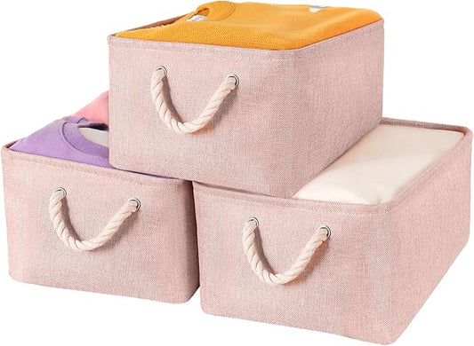 Storage Bins with Sturdy Cotton Handles(3 Pack), Fabric Storage Baskets for Organizing use for Office & Home, Book, Clothes, Toys, Closet Boxes (Large, Pink, 15.7x11.8x7.9 inches)