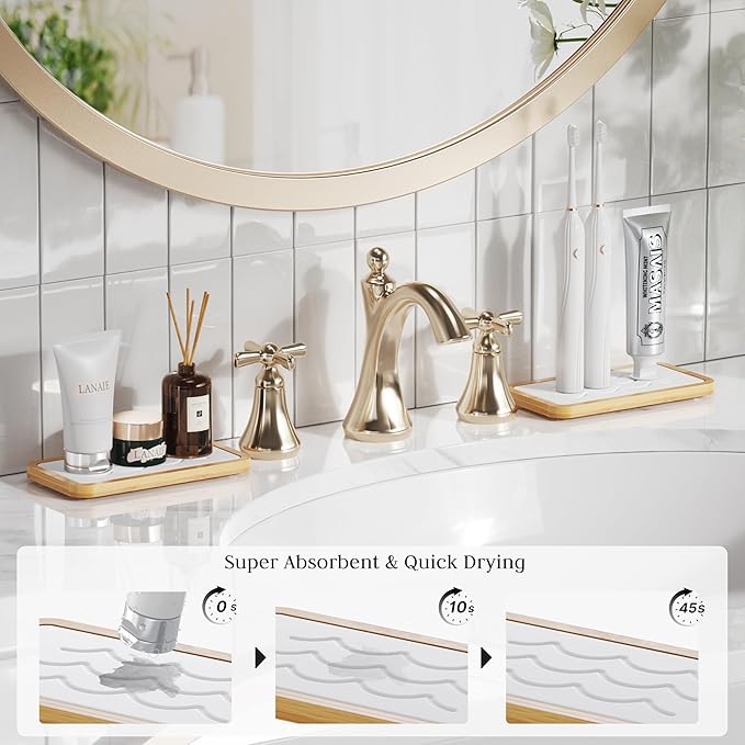 Water Absorbing Stone Tray for Sink, Fast Drying Diatomite Stone with Bamboo Sink Tray, Stone Drying Mat for Bathroom and Kitchen Counter, Bathroom Countertop Tray