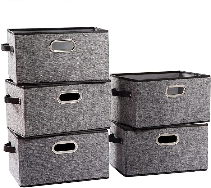 PRANDOM Fodable Storage Baskets for Closet [5-Pack] Decorative Fabric Storage Bins Cubes with Leather/Metal Handles for Shelves Bedroom Living Room Grey (11.5x8.5x6.7 Inch)