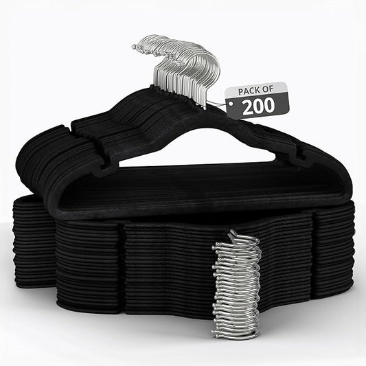 200 Pack Velvet Hanger for Shirt Pants Dresses Skirts Suits Jackets - Slim Space Saving Design - Standard Coat Hanger - Sturdy & Durable Design with Shoulder Grooves Hook