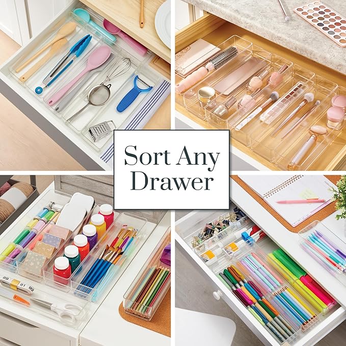 STORi SimpleSort 6-Piece Stackable Clear Drawer Organizer Set | 12" x 3" x 2" Rectangle Trays | Narrow Makeup Vanity Storage Bins and Office Desk Drawer Dividers | Made in USA
