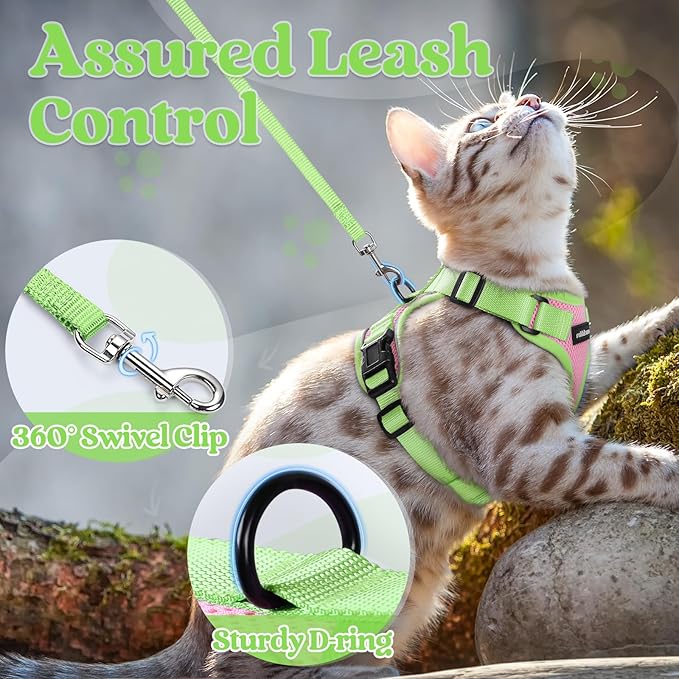 rabbitgoo Cat Harness and Leash Set, Escape Proof Soft Adjustable Vest Harnesses for Outdoor Walking, Easy Control Breathable Kitten Jacket with Reflective Strips, Pink & Light Green, XXS