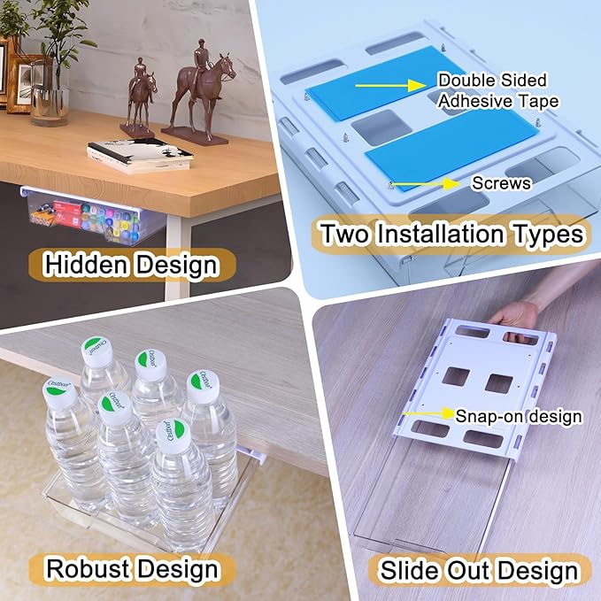 Under Desk Drawer Organizer, Attachable Slide Out Storage Drawers, Hidden Desktop Organizers, Self-Adhesive Table Storage Accessories for Home Office and School (Transparent)