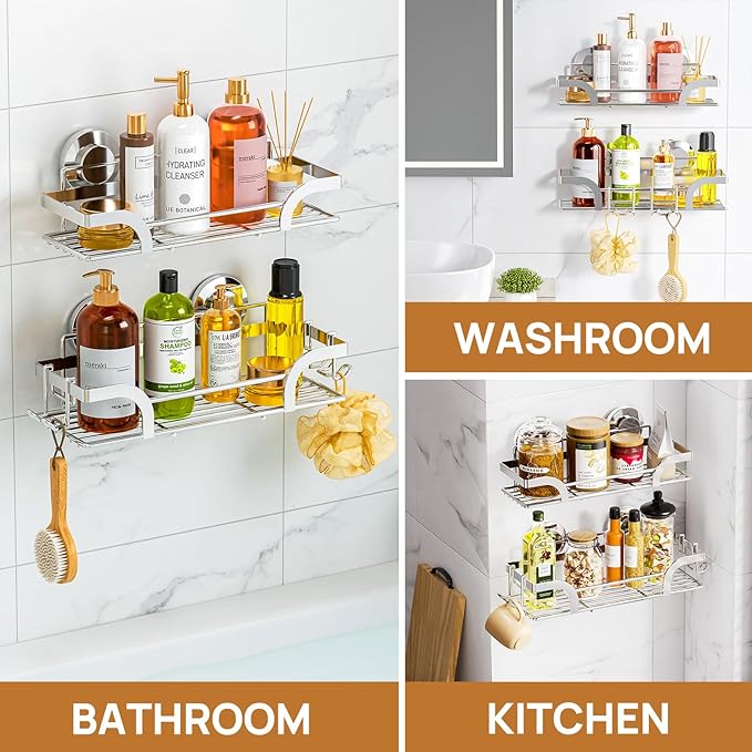 LEVERLOC 2 Pack Shower Caddy Suction Cup, Shower Shelves for Inside, Rustproof Metal Bathroom Storage NO-Drilling Bath Organizer with Large Capacity,Heavy Duty Storage Basket,Home Decor,Silver