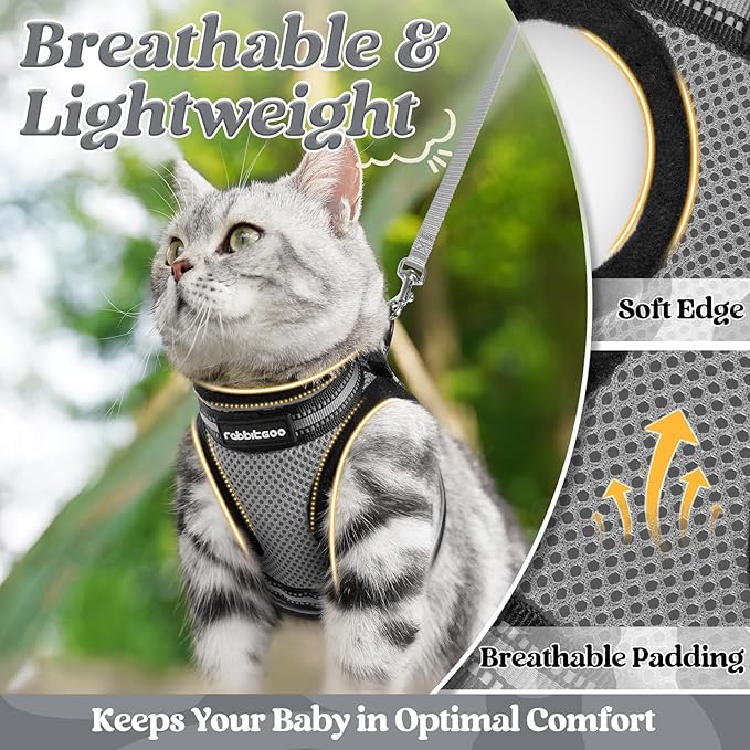 rabbitgoo Cat Harness and Leash Set for Walking Escape Proof, Adjustable Soft Kittens Vest with Reflective Strip for Cats, Comfortable Outdoor Vest, Grey, L