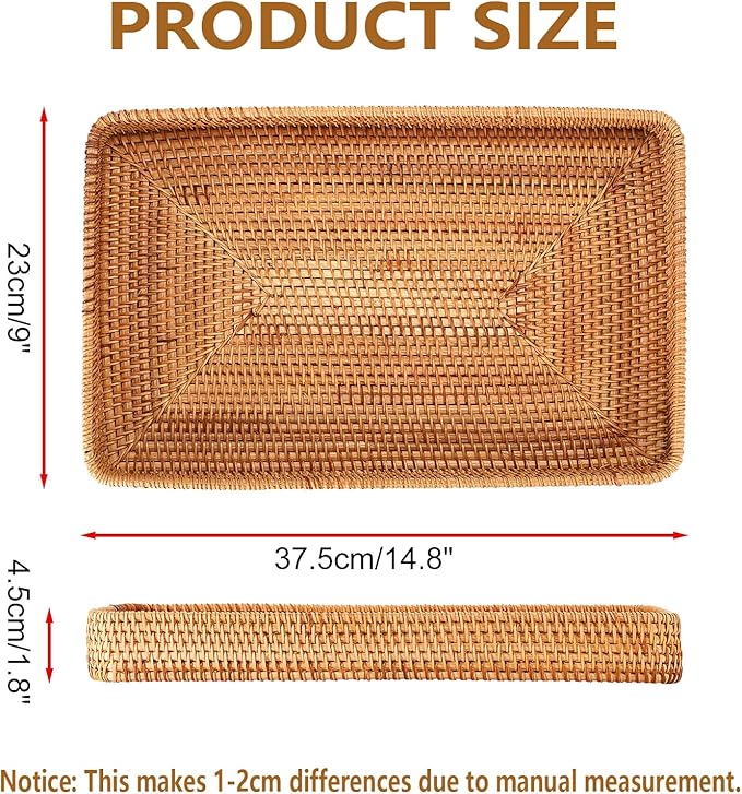 Hipiwe Rattan Serving Tray Large Wicker Storage Basket Tray for Organizing Rectangular Decorative Woven Trays Snacks Fruit Wicker Basket for Coffee Table Bathroom Home Decor,14.8"x 9.0"x1.8"