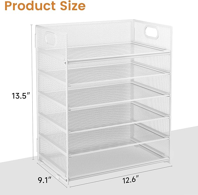 Subekyu 6 Tier Paper Organizer for Desk with Handle, Metal Mesh Desk Office File Folder Paper Letter Tray Accessories Organizer Sorter for Home, School, Office Desktop Document Organization - White