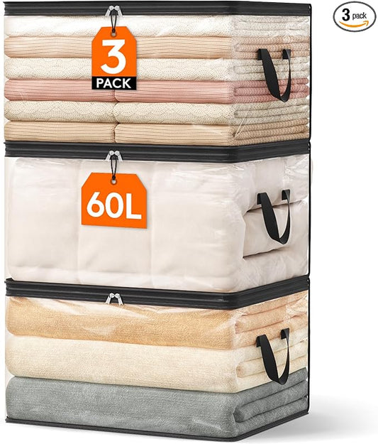 Lifewit 3 Pack Clear Clothes Storage Bags, 60L Plastic Blanket Vinyl Foldable Moving Bags with Zipper, Closet Organizers and Storage Containers for Bedding, Duvet, Pillow