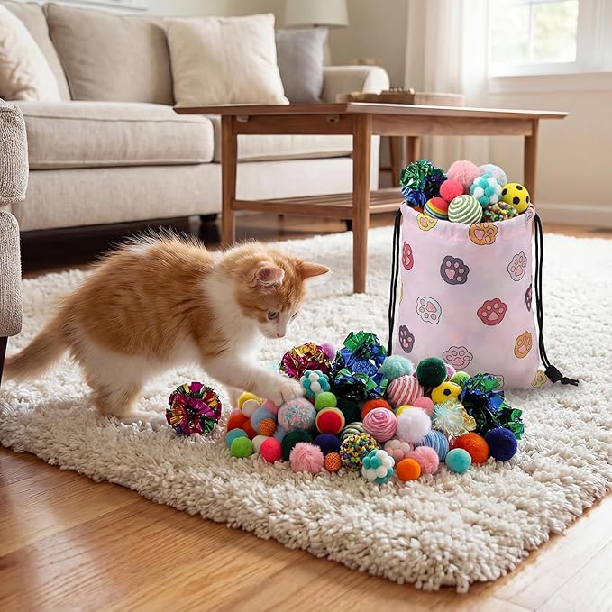 Leitee 100 Pcs Cat Toy Balls Bulk with 1 Cat Paw Gift Storage Bags Set - Variety Interactive Kitten Toys Bundle with Crinkle Ball, Balls, Bells for Kittens and Indoor Cats Chase Pounce Rattle Play