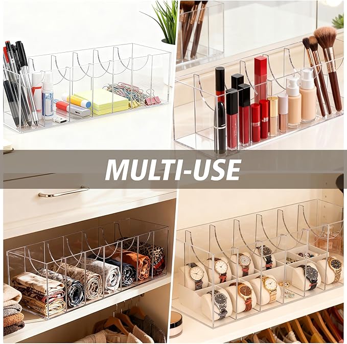 JASGOOD Acrylic Belt Organizer for Closet- 7 Compartments Clear Storage Container Display Holder for Belts, Ties, Watches, Bracelets, Jewelry,Make up and Accessories