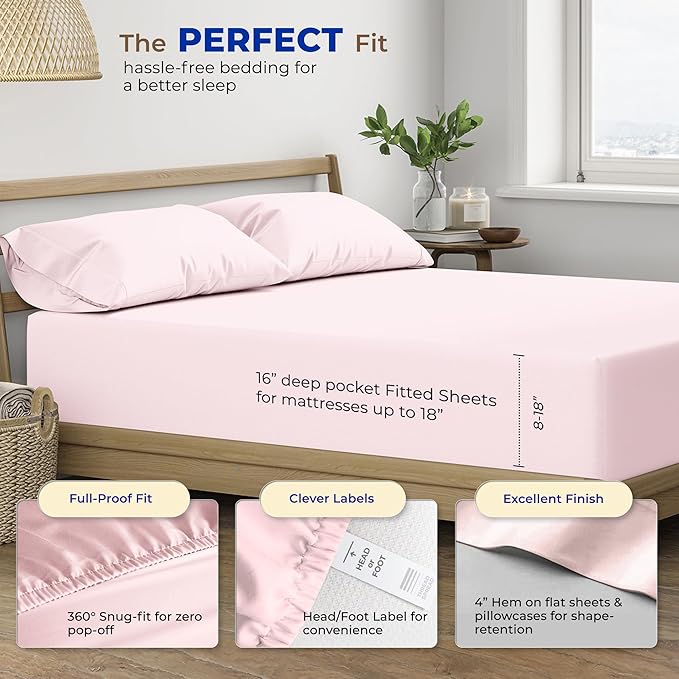 THREAD SPREAD 100% Egyptian Cotton Queen Size Sheet Set - 4 PC 600 Thread Count Egyptian Cotton Sheets Set for Queen Size Bed (Blush), Soft, Cooling, Luxury Hotel 16" Deep Pocket Sateen Bedsheet