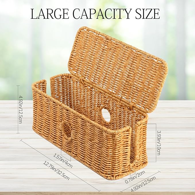 Rattan Cable Management Box Handwoven Cord Organizer Box, 4 Open Slots Cords Hider Box Under Desk Cable Management Suitable for TV Cables Computers Routers Power Cords to Hide and Organize