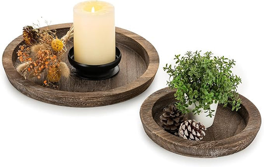 Romadedi Rustic Wooden Tray Candle Holder - Small Decorative Plate Pillar Candle Tray Wood for Farmhouse Dinning Table Kitchen Countertop Coffee Table Organizer Home Decor Wedding Centerpiece, S+L