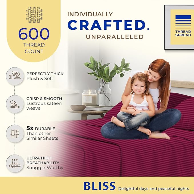 THREAD SPREAD Luxury Egyptian Cotton Twin Stripe Sheet Set - 600 Thread Count Extra Long Staple 3 PC Set, Twin Damask Sheets, Soft, Cooling Sateen Weave Striped Sheets Upto 18" Deep Pocket - Burgundy