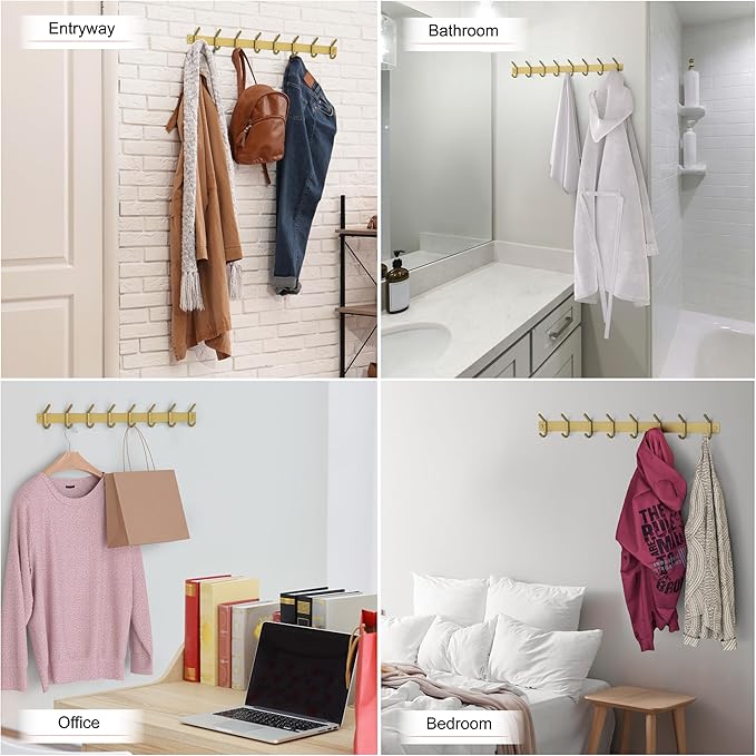 Brushed Gold Wall Mounted Coat Rack – 24 Inch Stainless Steel Rail with 8 Double Coat Hooks for Entryway, Bathroom, Bedroom, Kitchen – Modern Gold Hook Rack for Coats, Hats, Towels