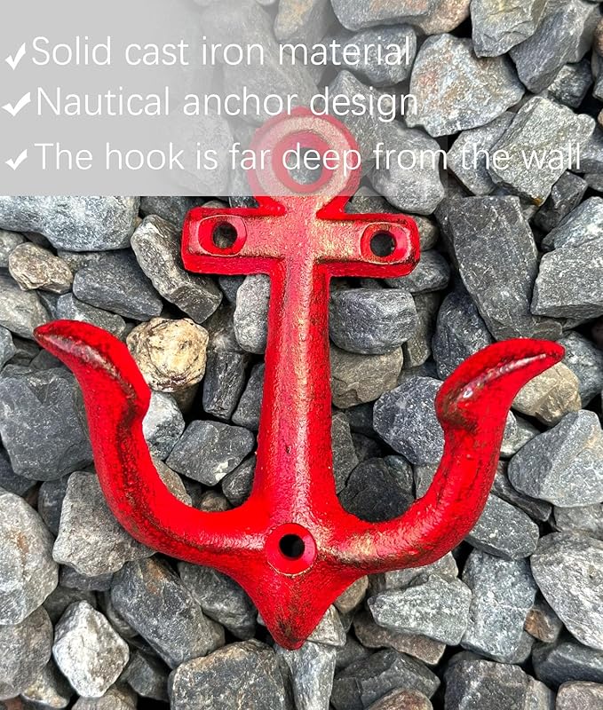 KiaoTime RED Vintage Rustic Cast Iron Nautical Anchor Design Wall Hooks Coat Hooks Rack, Decorative Wall Mounted Antique Shabby Chic Metal Home Bath Room Towel Coat Hooks Hanger