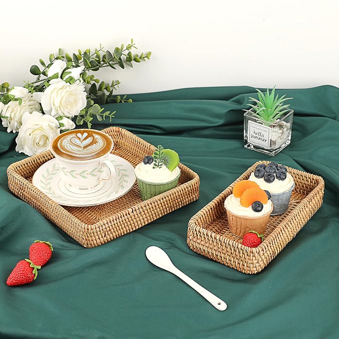 Hipiwe Key Basket Tray for Entryway Table Rattan Serving Tray Handwoven Wicker Baskets Vanity Trays Square Decorative Fruit Trays for Kitchen Counter Bedside Living Room Bathroom, 8.1"