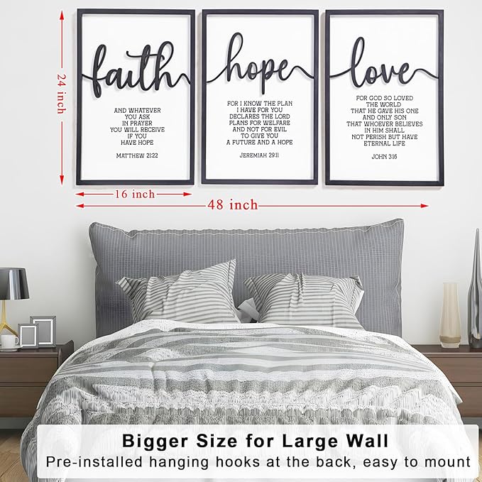 3D Wood Faith Hope Love Wall Decor, Christian Wall Art Bible Verses Wall Decor Scripture Wall Art for Bedroom Bathroom Kitchen Living Room Office(16x24inches, Set of 3, Framed)