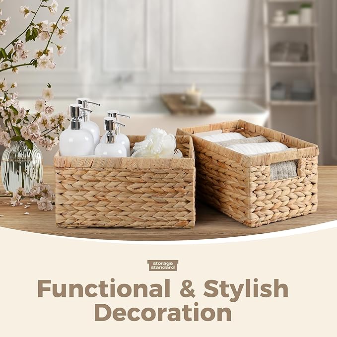 Set of 2 Wicker Shelf Storage Baskets for Organizing - Natural Durable Water Hyacinth Woven Basket Pantry Bin Organizers for Shelves with Handles for Home & Decor Organization, 12.5” x 8” x 6.5”