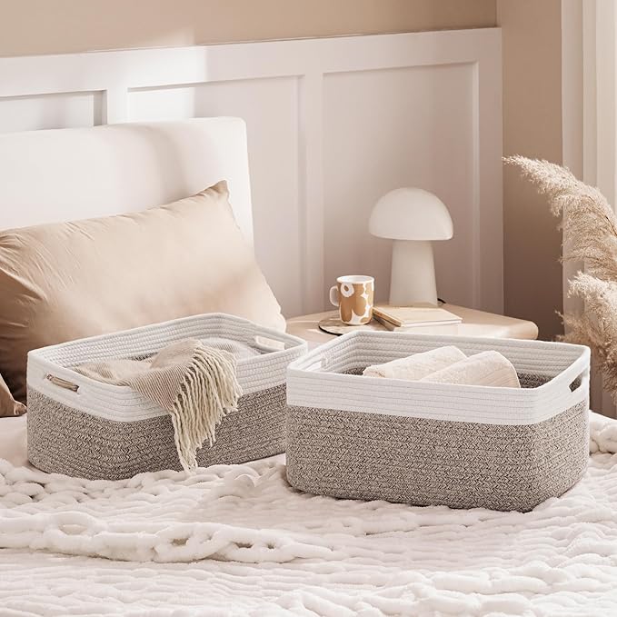 UBBCARE 2 Pack Large Woven Storage Baskets for Organizing, Clothes/Towel/Sweater Organizer for Closet, Storage Baskets Bins for Shelves, Blanket Basket, 17''Lx13''Wx7.5''H, Light Brown/White