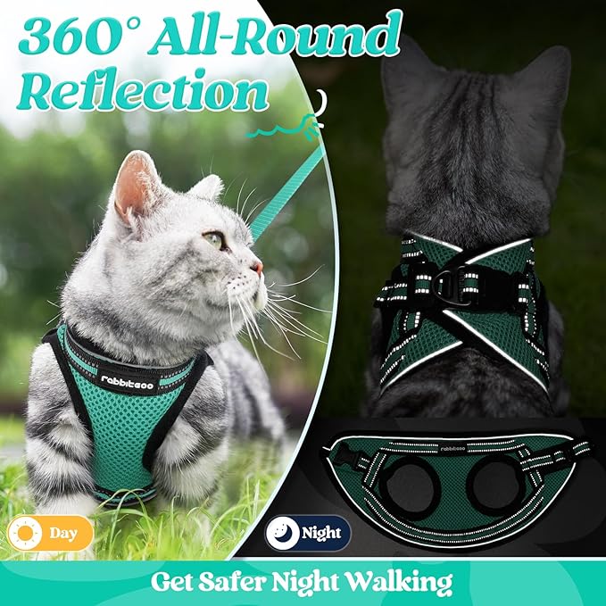 rabbitgoo Cat Harness and Leash Set for Walking Escape Proof, Adjustable Soft Kittens Vest with Reflective Strip for Cats, Comfortable Outdoor Vest,Green,L