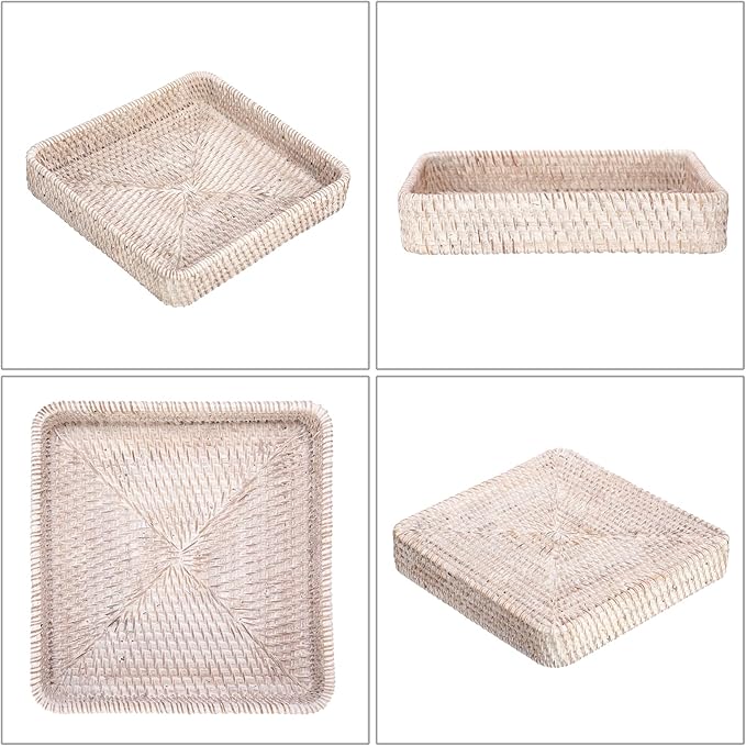 Hipiwe Key Basket for Entryway Table Handwoven Wicker Fruit Tray for Organizing Decor Rattan Serving Tray for Kitchen Living Room Bathroom, Whitewash