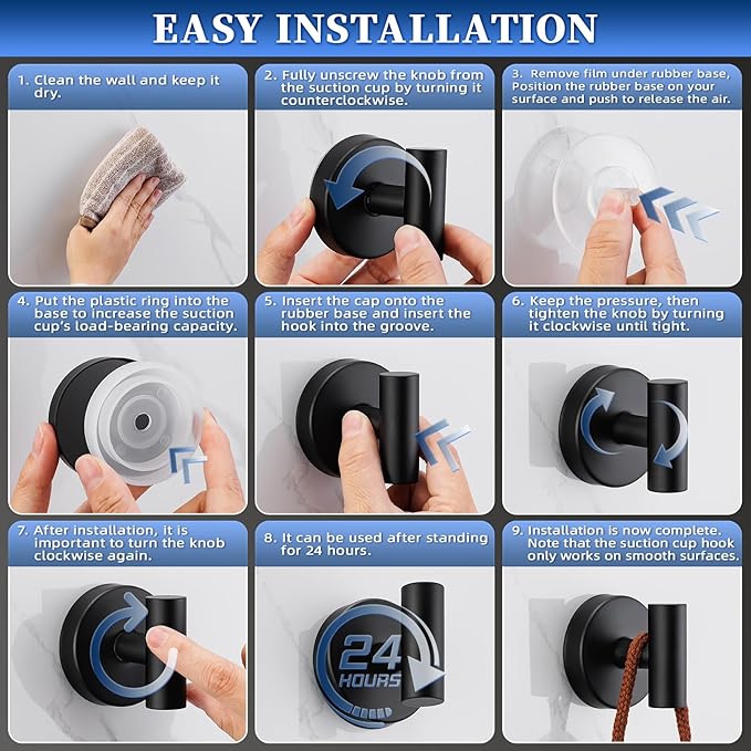 Heavy Duty Reusable Suction Cup Hooks for Shower - No Drill Bathroom/Glass/Mirror/Tiles & Metal and Smooth Non-Porous Surfaces for Towels, Robes, Loofahs(4, Matte Black)