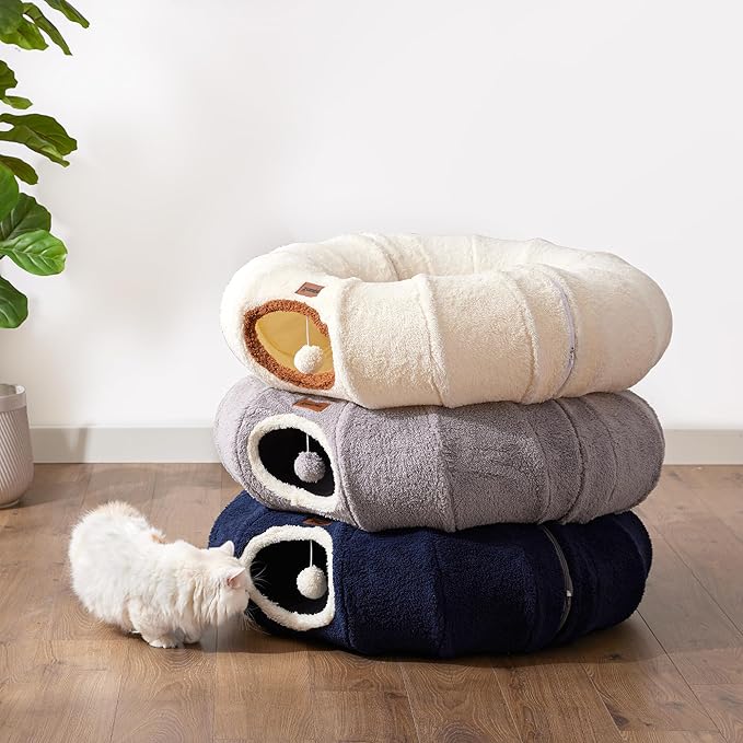 ZOMISA Cat Tunnel Bed for Indoor Cats, Cute Cat Donut Toy Tunnel for Small Large Cats with Washable Circle Cushion, Peekaboo Pet Cave Play Tunnel for Kitten, Puppy, Navy Blue