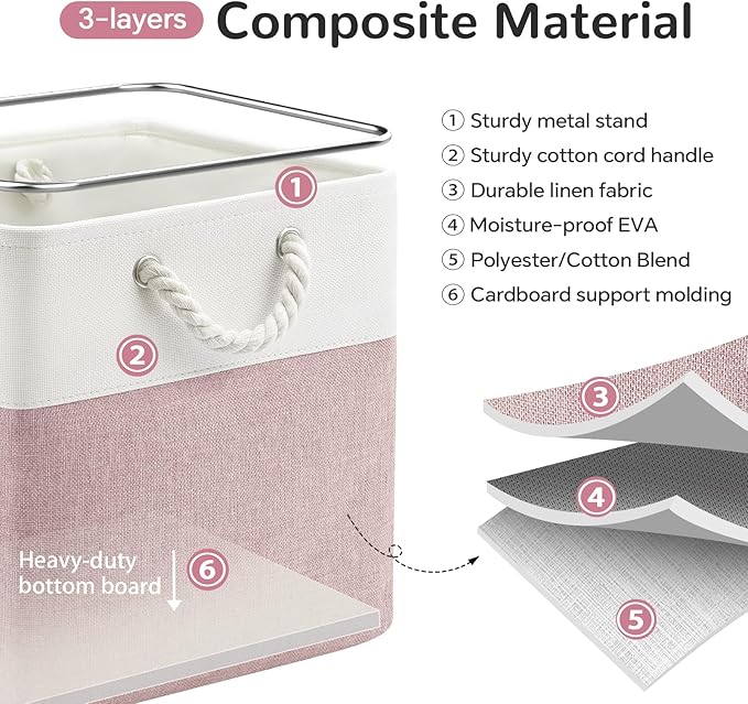 13 x 13 Inch Cube Storage Bins, 6 Pack Fabric Storage Basket with Handles, Foldable Boxes Organizer for Shelf Baskets for Home, Clothes, Toys (White/Pink)