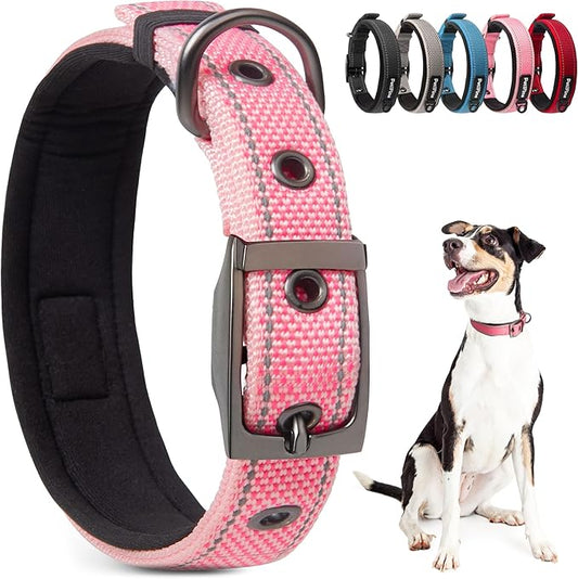 PetiFine Dog Collar for Large Dogs, Neoprene Padded and Adjustable, Reflective Wide Heavy Duty Pet Collars with Durable Metal Belt Buckle for Walking, Pink, L