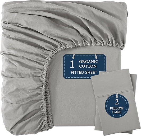 LANE LINEN 100% Organic Cotton Fitted Sheet Queen, Fully Elasticized Soft & Comfy Sustainably Produced Oeko-Tex Certified Snug Fit Deep Pocket 15" Fitted Sheet Only (+Pillowcases) -Silver