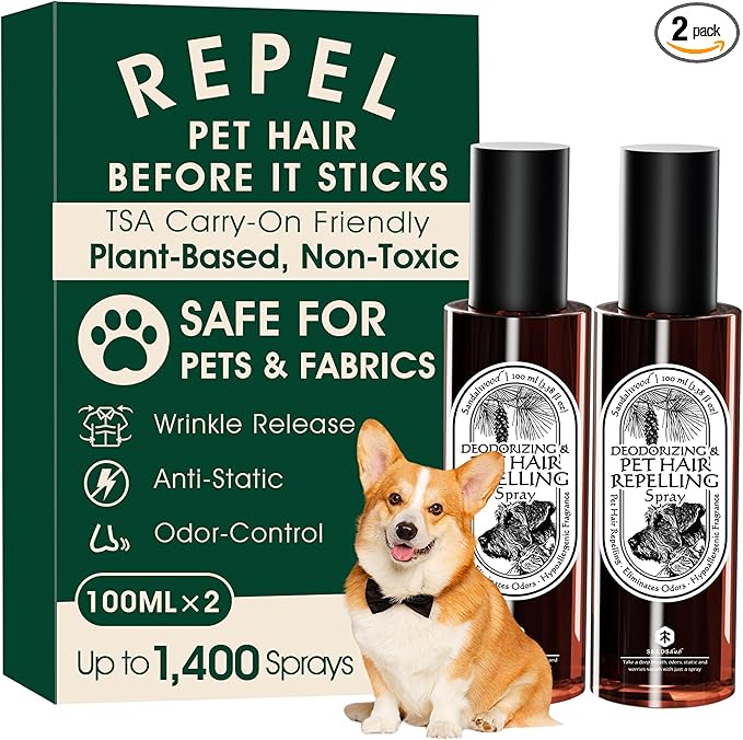 4-in-1 Pet Hair Remover & Odor Neutralizer Spray, Anti Static Wrinkle Release, Plant Based Enzymes, Safe for Pets, Fabrics & Furniture, Refresh Pine Nut Scent, 6.76 fl oz, 2 Travel Pack