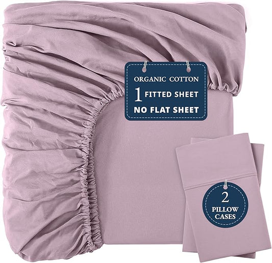 LANE LINEN Full Fitted Sheet, 100% Organic Cotton, 3-Piece Set (1 Fitted Sheet,2 Pillowcases), Percale Weave, Full Bed Bottom Sheet, Soft, Fits Mattress Upto 15" Deep - Lilac(No Flat Sheet)